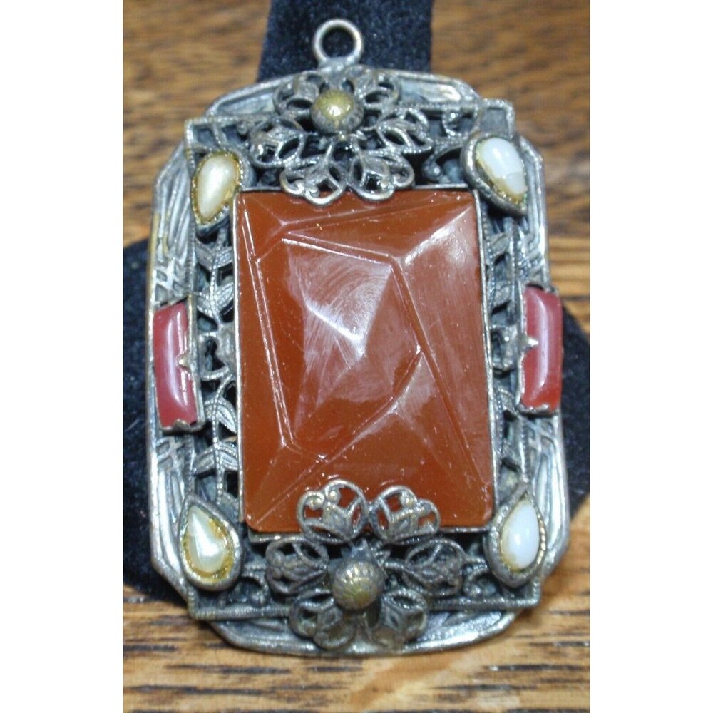 Ornate Open Floral Design Dark Orange Lucite and Faux Pearl Pendant